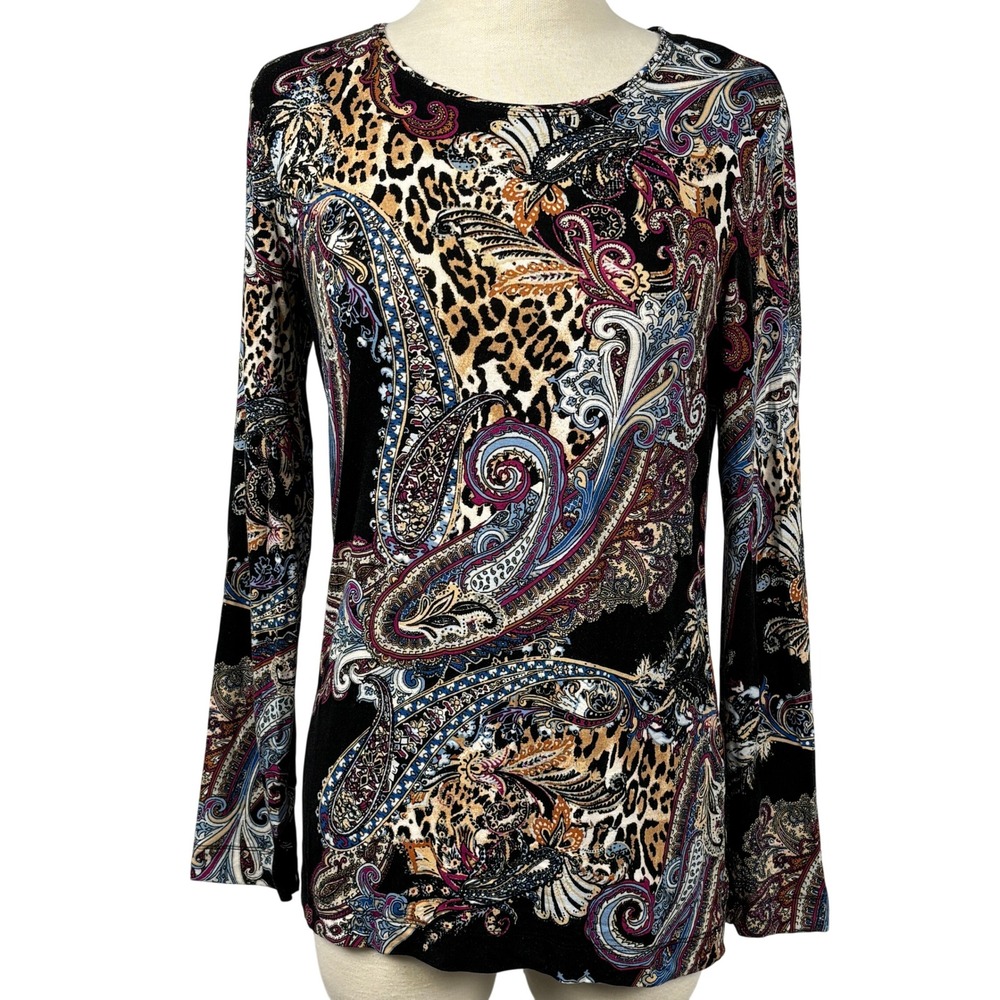 Chico's Paisley Leopard Print Top Women's S Boho Stretch Long Sleeve‎
